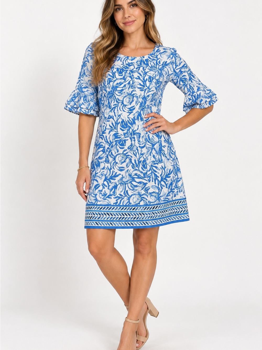 Lilly Pulitzer Blue and White Floral Shift Dress with Tulip Sleeves